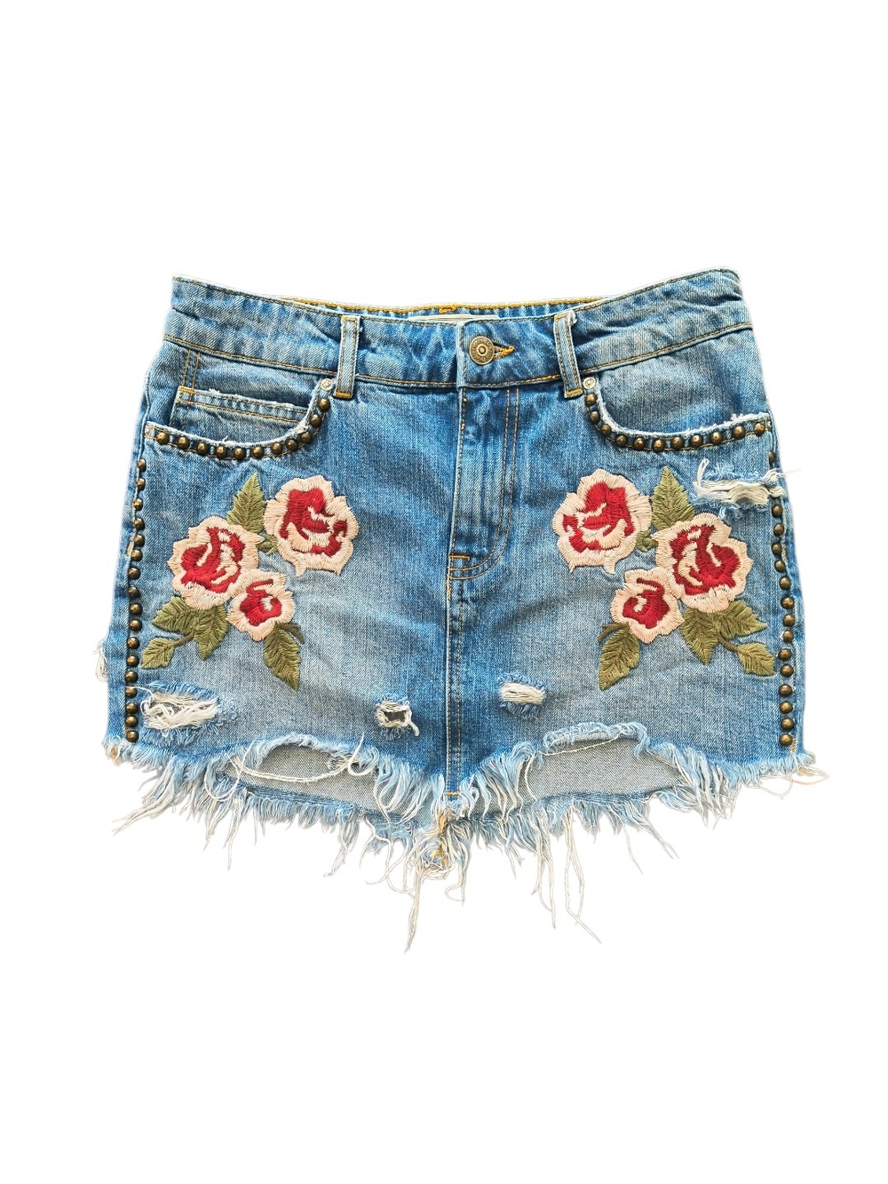 Free People Distressed Denim Mini Skirt with Red Floral Embroidery